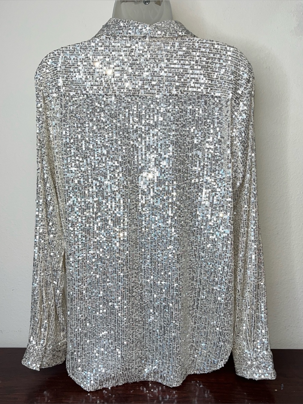 CeCe Champagne Silver Sequin Top Button Down Shirt Long Sleeve Sparkly Party L - Picture 3 of 15